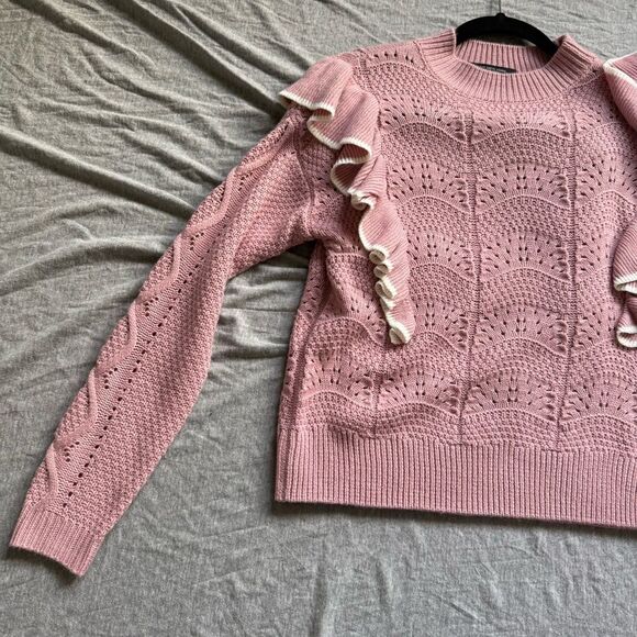 Sz XS Marc New York Andrew Marc Pink and White Ruffle Knit Sweater - Picture 3 of 9
